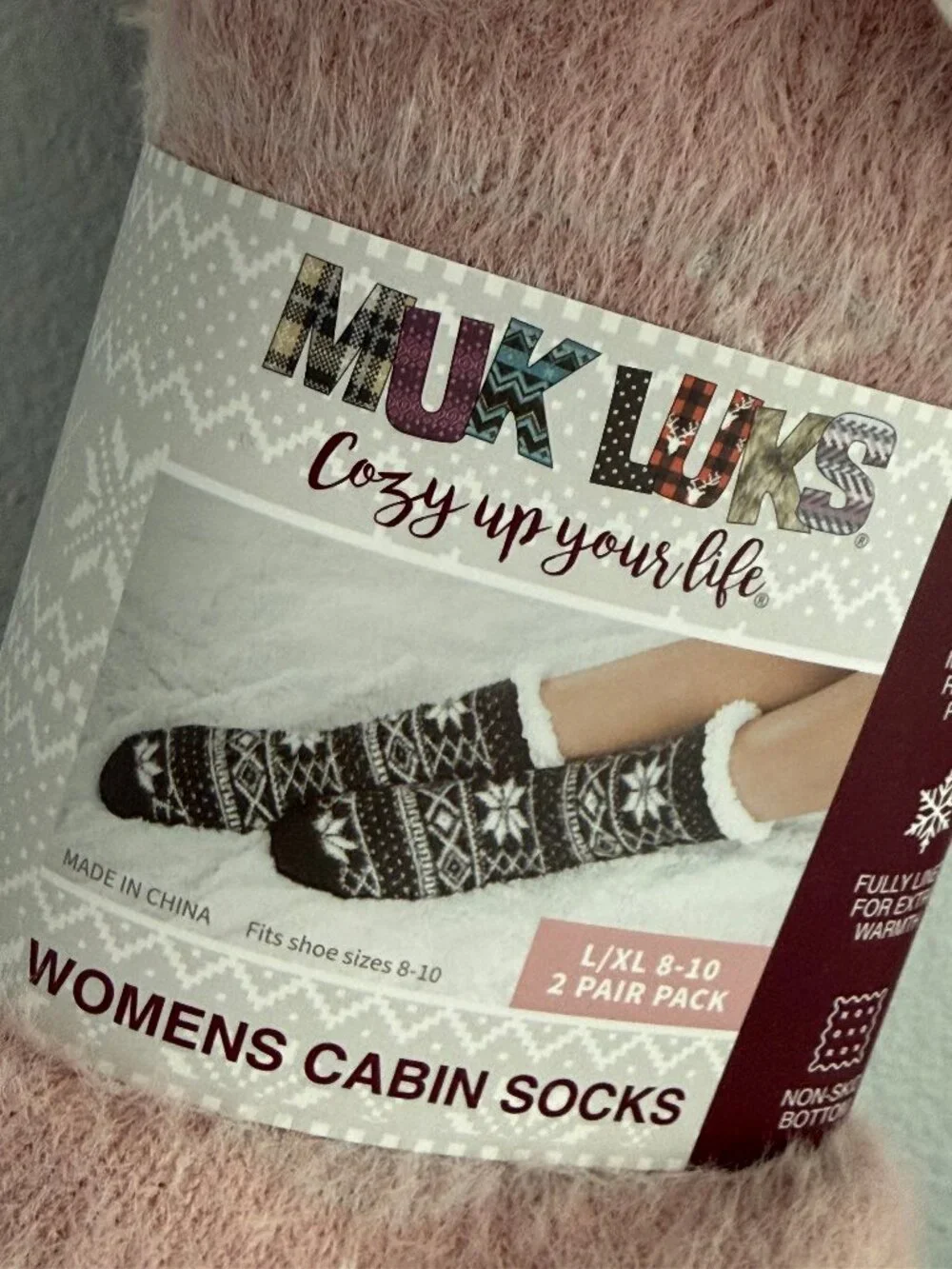 MUK LUKS Women's Chenille Cabin Socks Pink Fair Isle and Plaid